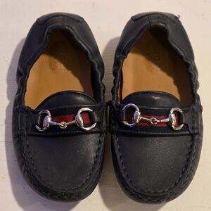 Gucci Kids Dark Navy Leather Loafers with Red Web Ribbon and Horsebit